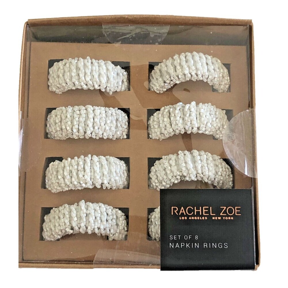 Rachel Zoe White Beaded Napkin Rings Holiday Summer Matches Everything Set of 8